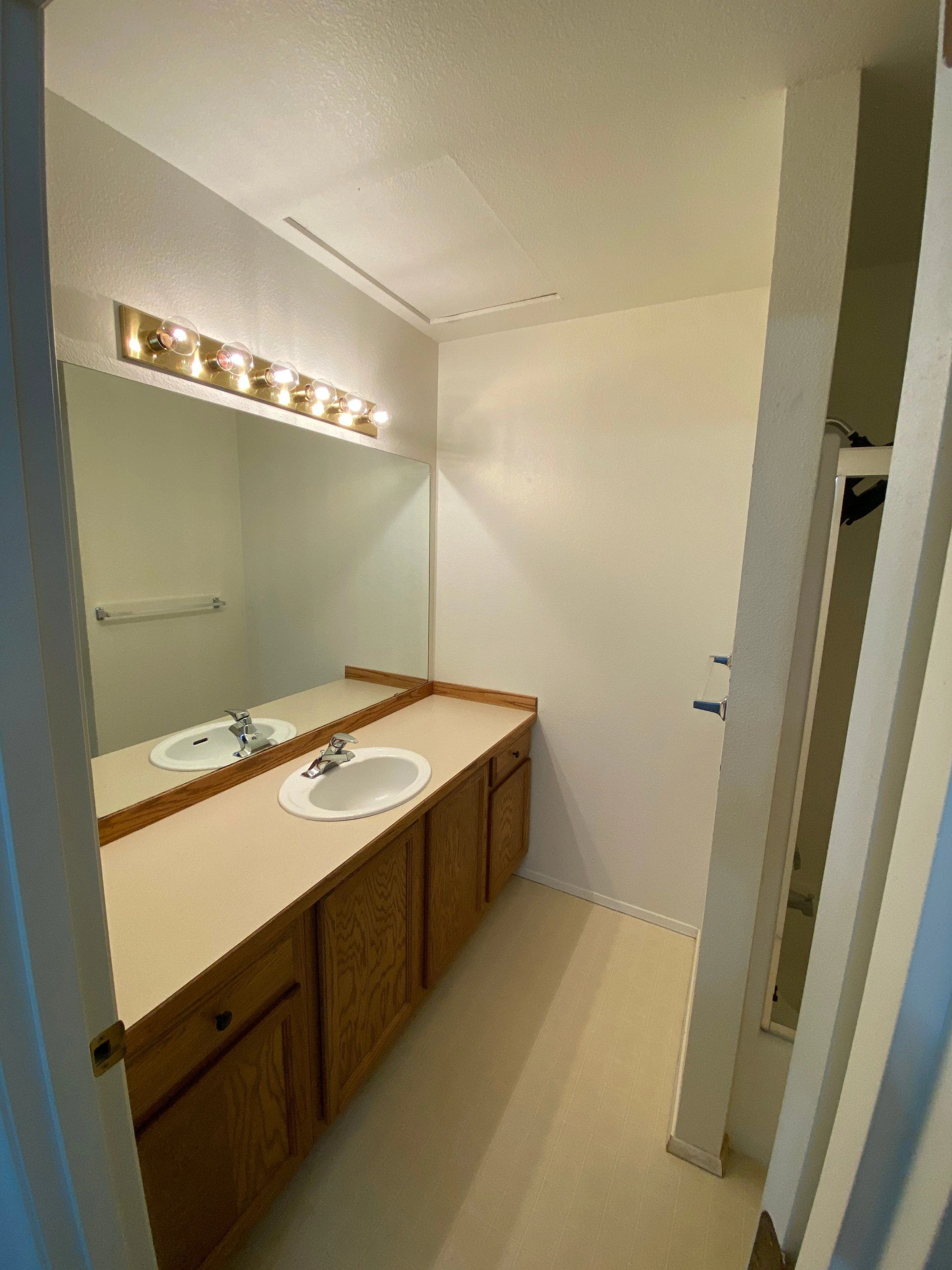 A bathroom vanity has two sinks, a large mirror, wooden cabinets, and a row of lights above the mirror.