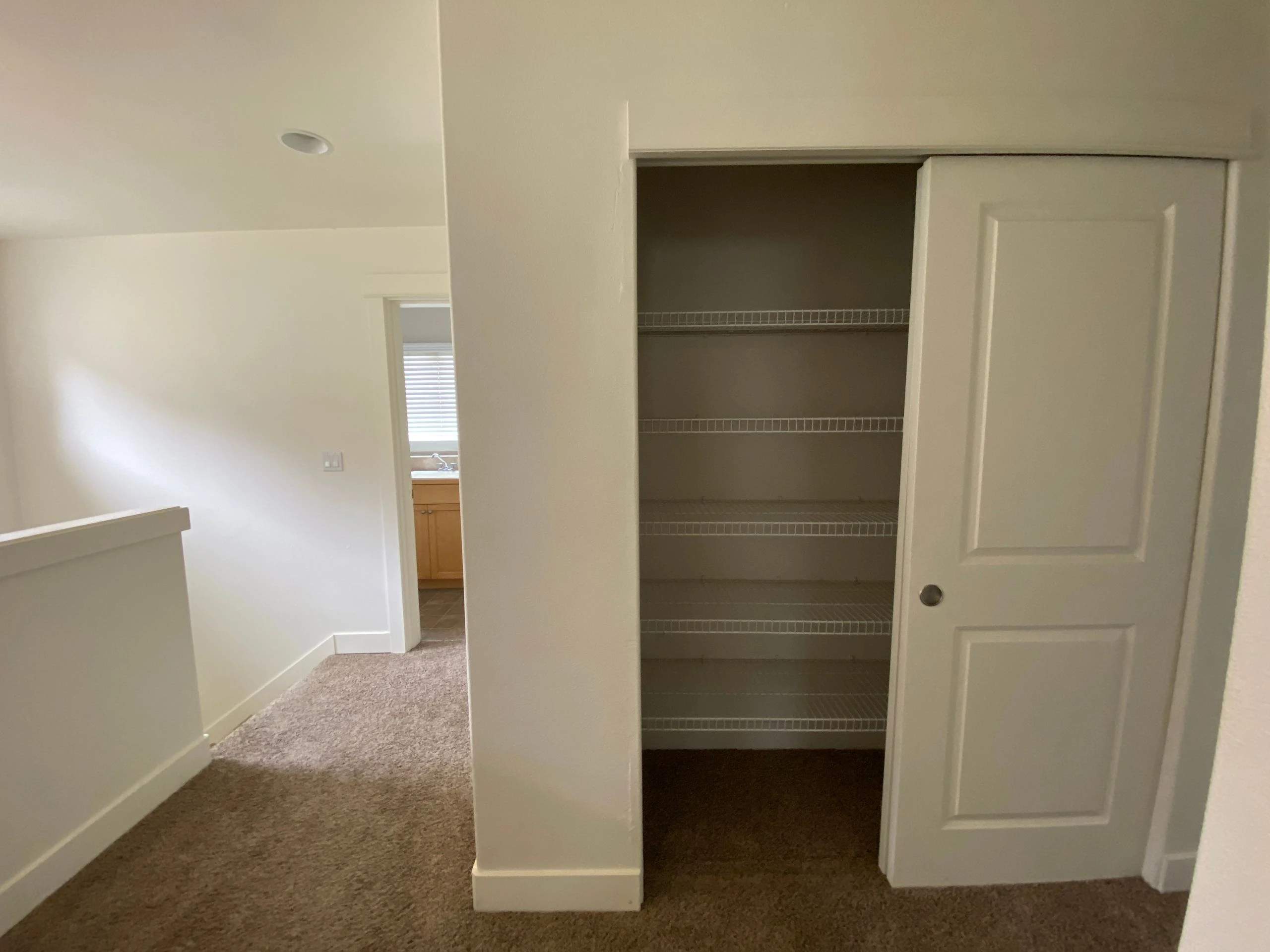 An open closet with several wire shelves and a white sliding door stands beside a carpeted hallway.