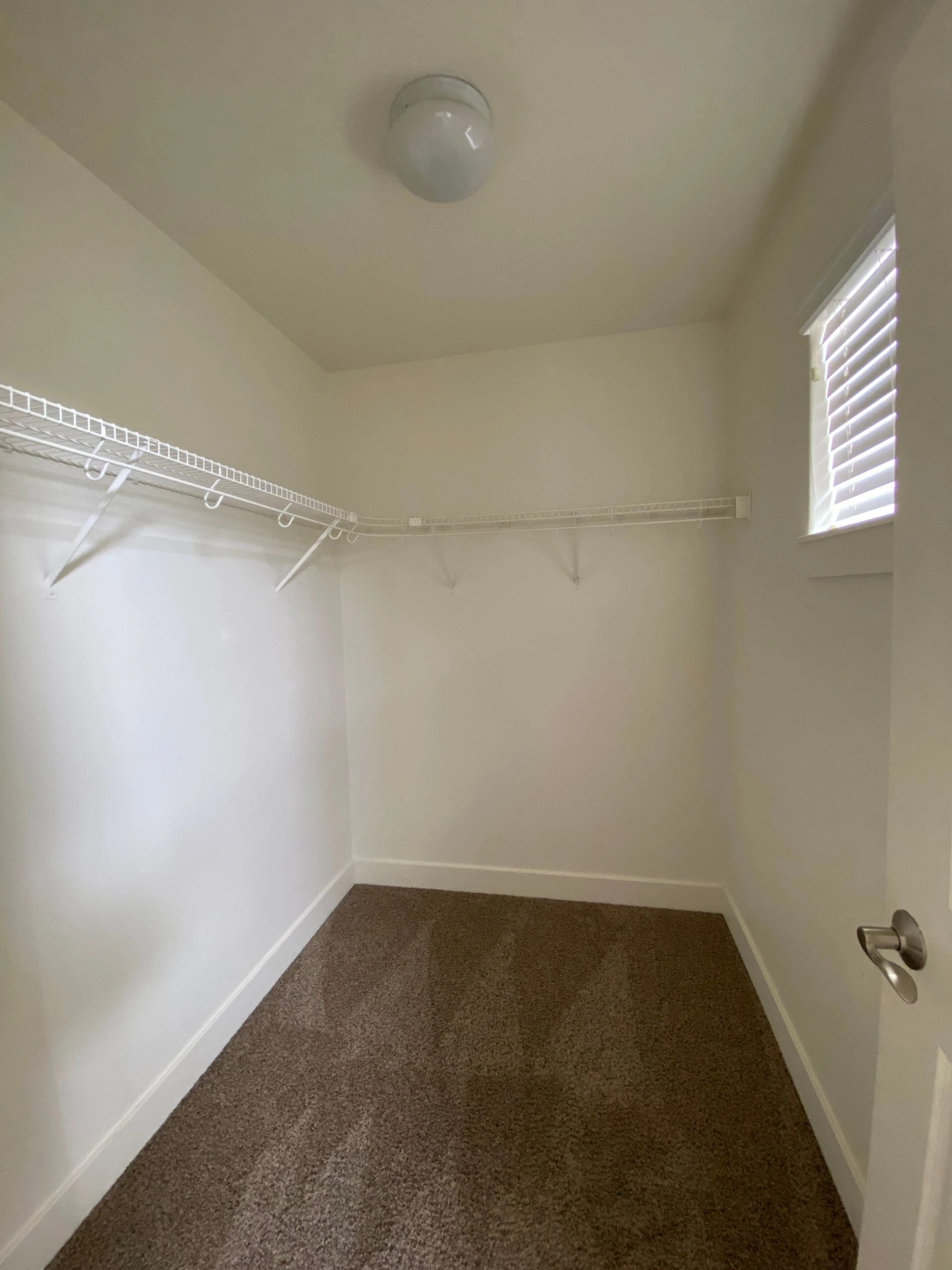 An empty carpeted closet has white wire shelves along two walls, a ceiling light, and a window with blinds.