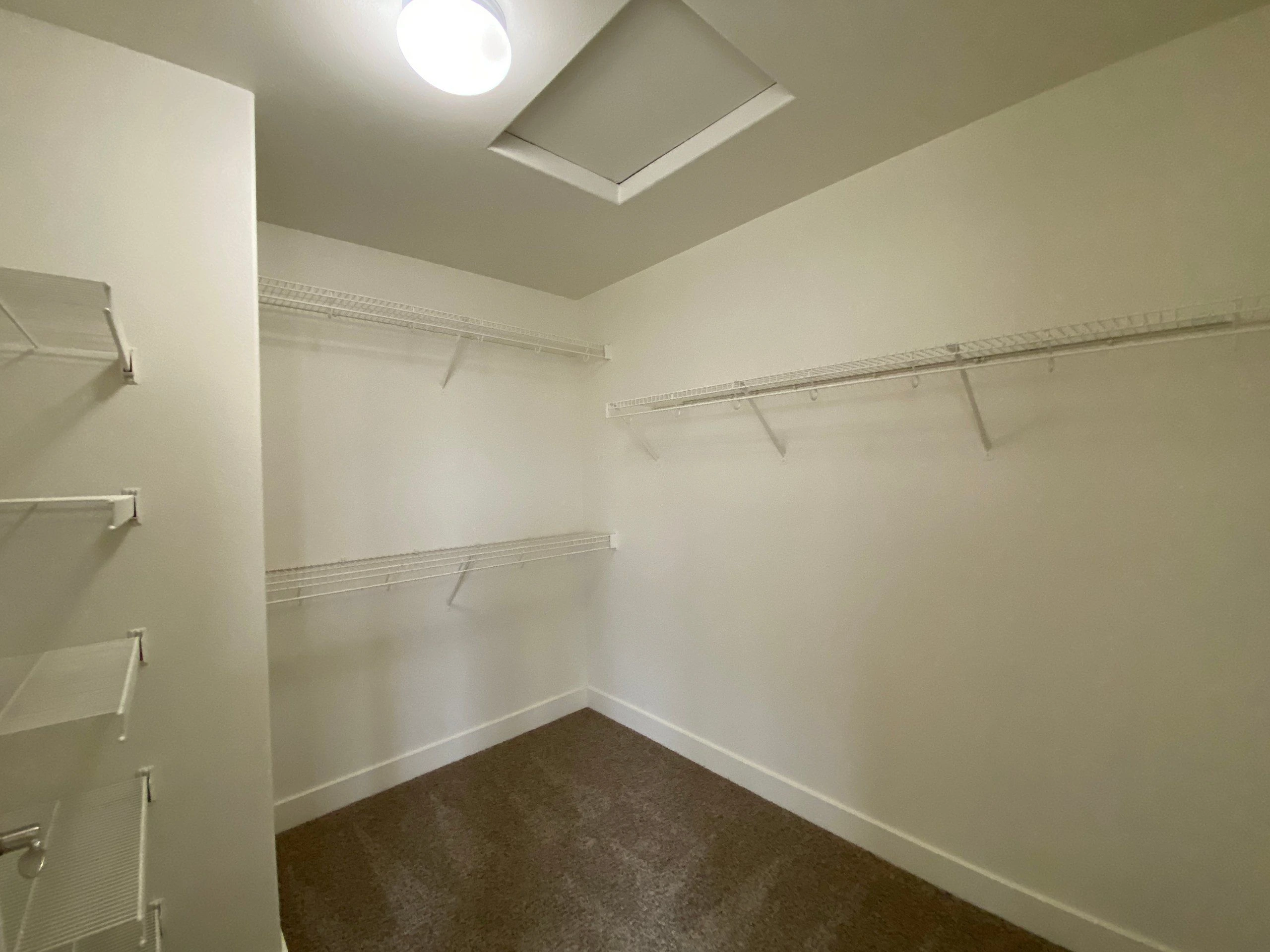 An empty walk-in closet with white wire shelves, brown carpet, and a ceiling light.