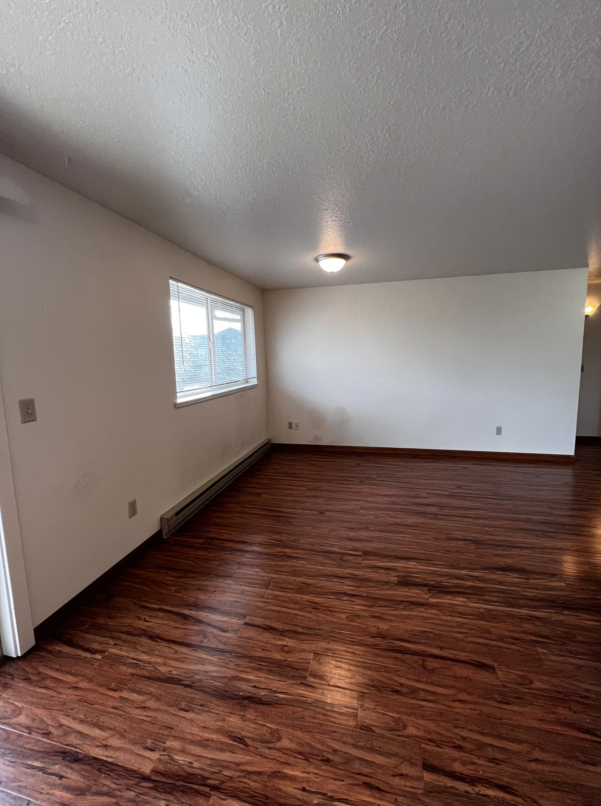 An empty room with dark wood flooring, light walls, a window with blinds, a ceiling light, and wall outlets.