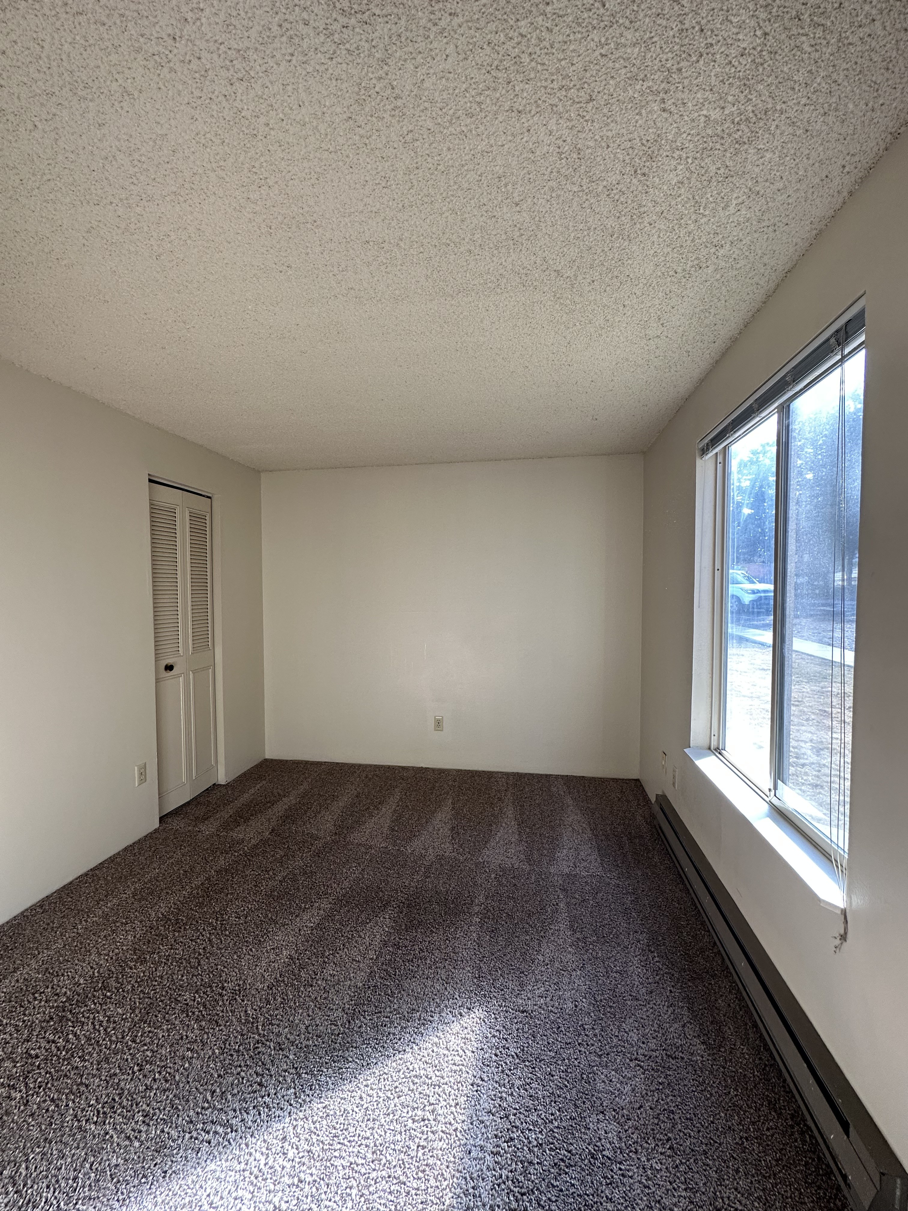 An empty room with dark carpet, light walls, a textured ceiling, louvered closet doors, and a large window with vertical blinds.