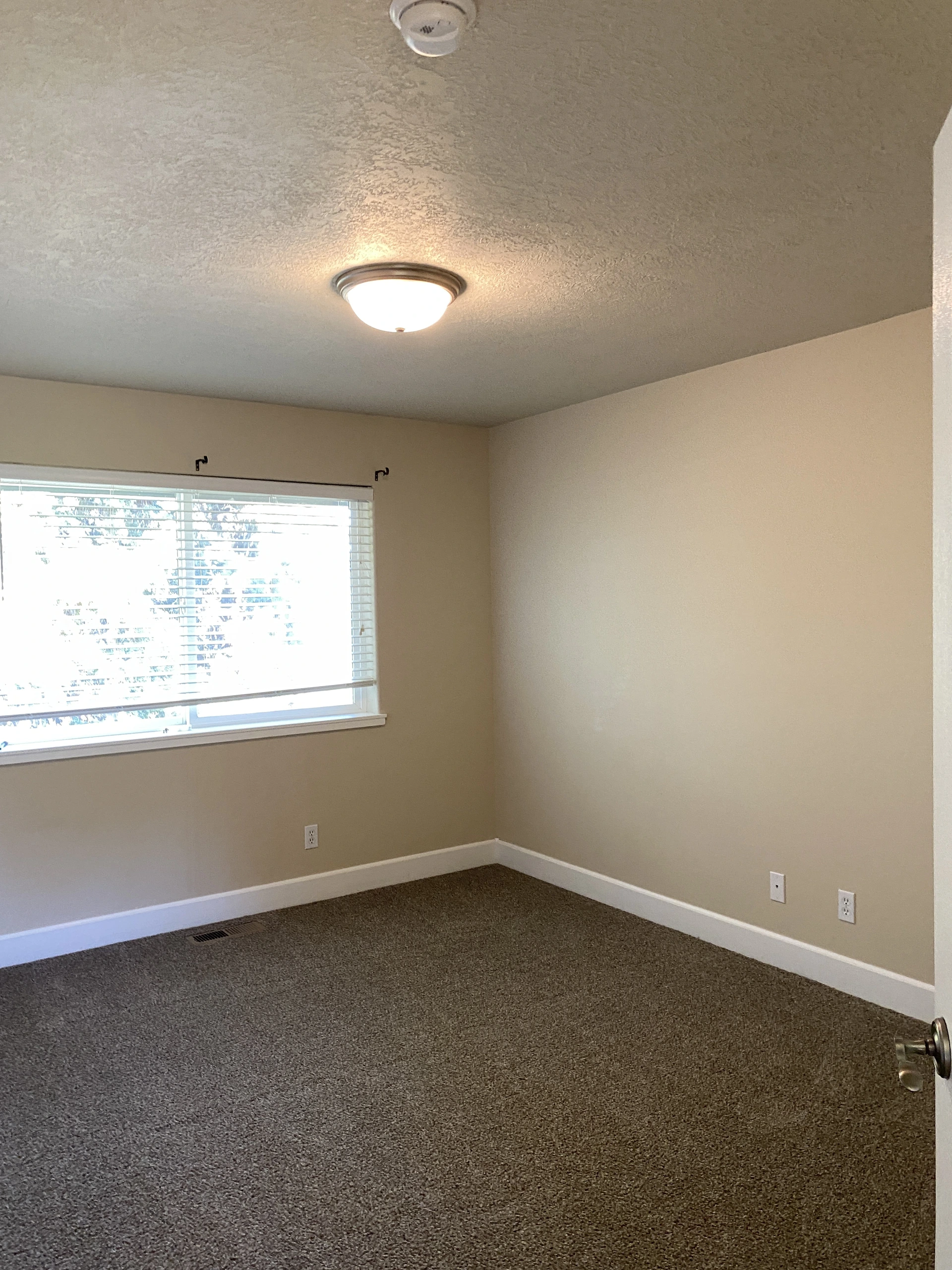 An empty room with brown carpet, beige walls, a window with blinds, and a ceiling light.