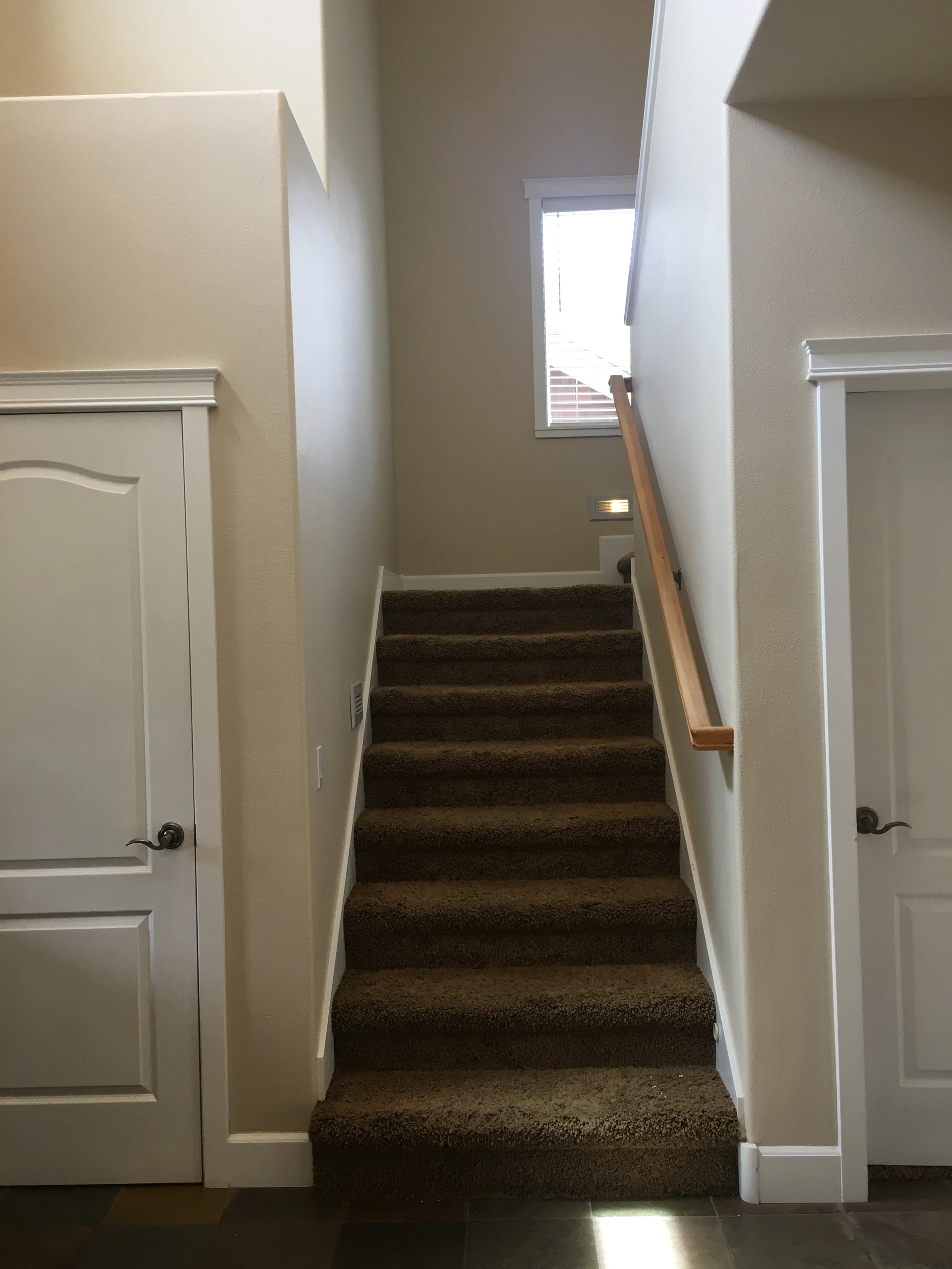 A carpeted staircase with a wooden handrail rises toward a window; white doors flank the stairs.