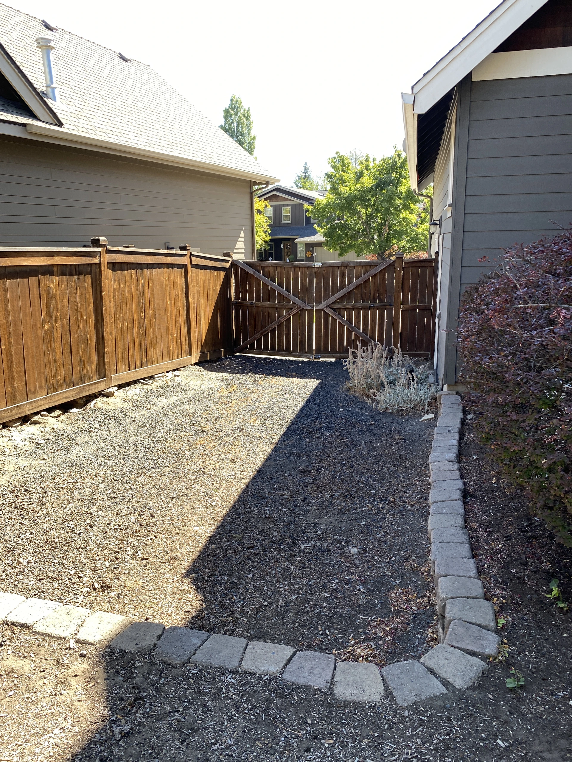 A gravel-and-mulch yard between two houses, enclosed by a wooden fence and gate, with stone edging and shrubs.