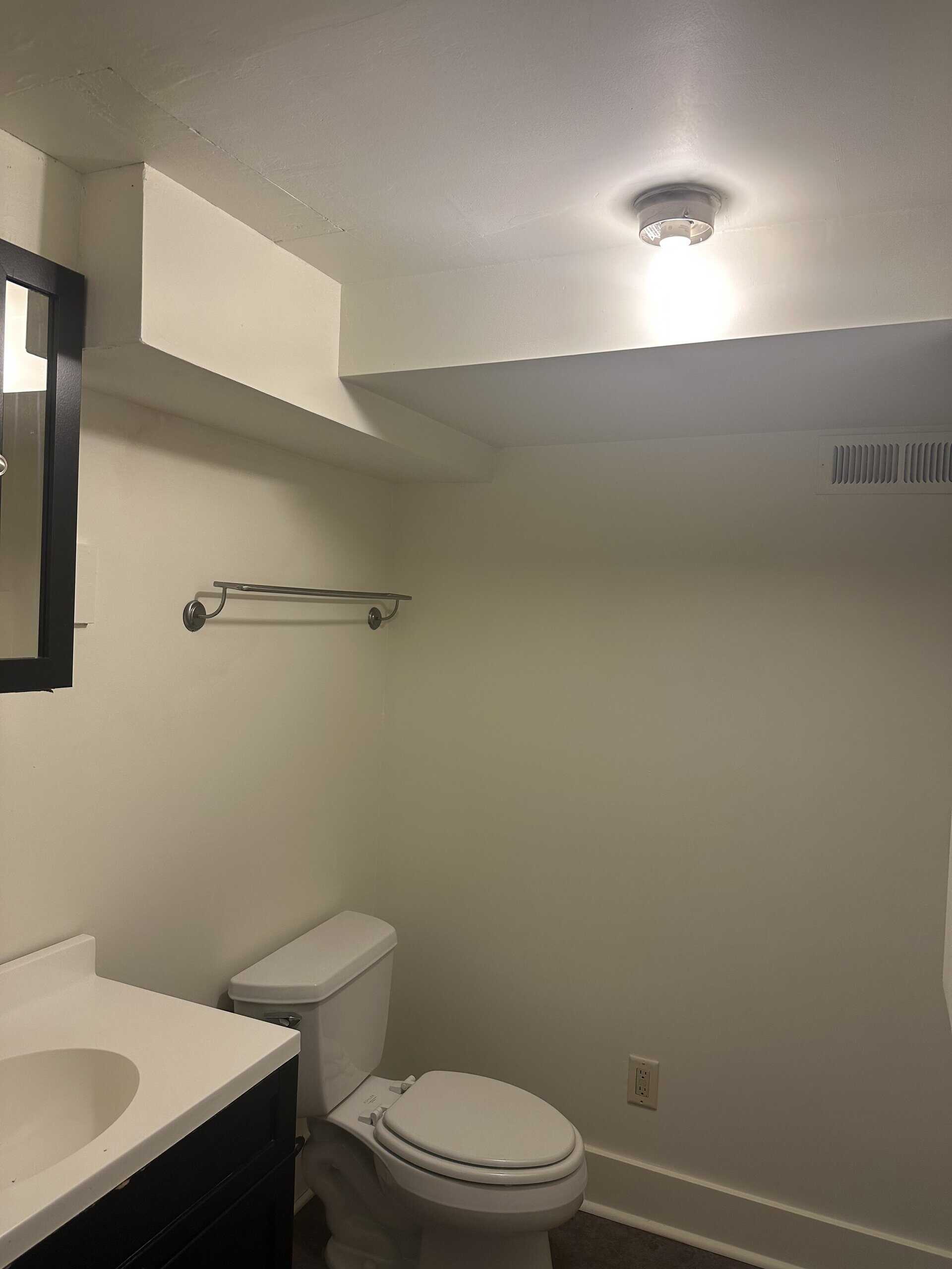 A bathroom with a white toilet and sink, a wall-mounted towel bar, and a lit ceiling fixture.