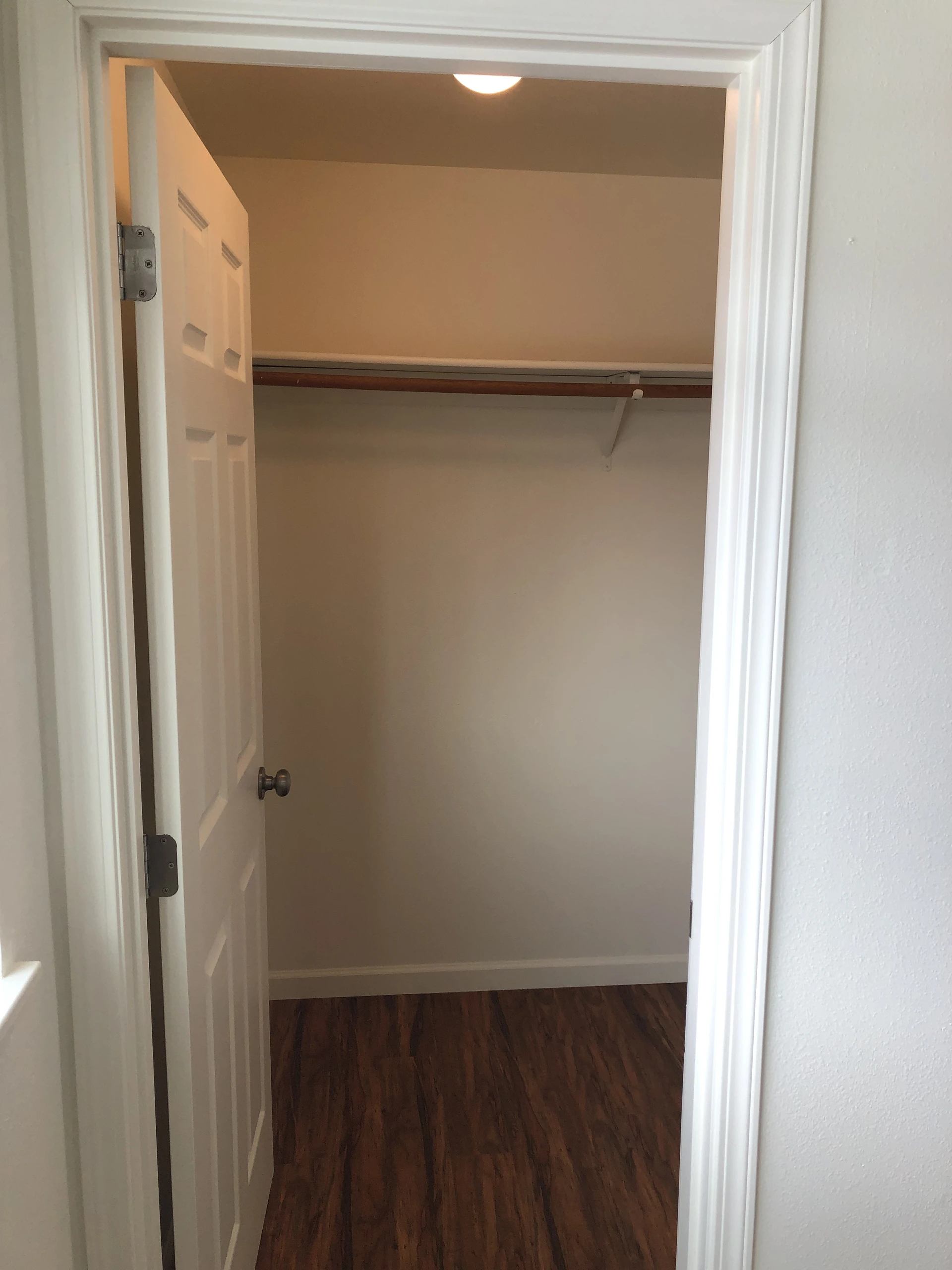 An empty closet with an open paneled door, a wooden hanging rod, and dark wood flooring.